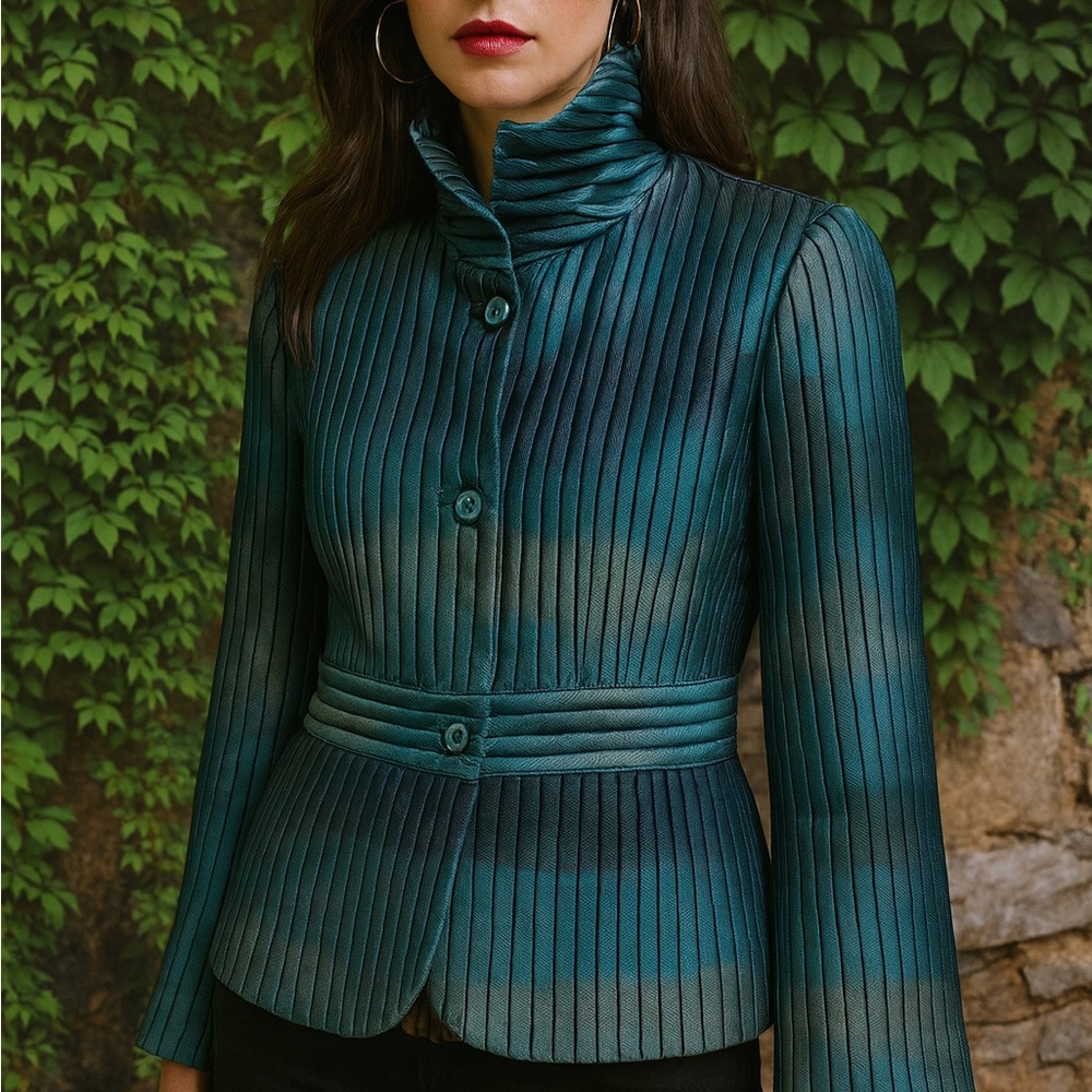 YANSI FUGEL Blue Green Quiet Luxury Channel-Quilted Ombre Striped Jacket, M